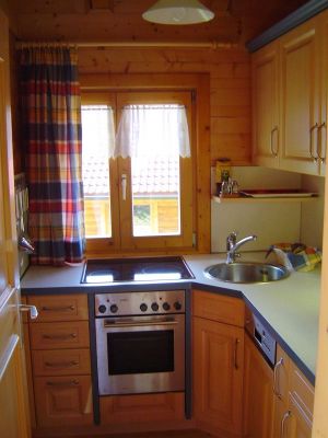 Kleine moderne Küche mit allem an Elektrogeräten, was man so zum Kochen braucht.