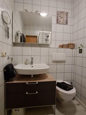 Bad mit Waschbecken, WC und Dusche. Es ist ein Fön für unsere Gäste vorhanden.