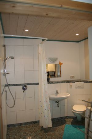 Badezimmer mit Dusche, Waschbecken, WC, Waschmaschine