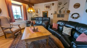 gemütliche Sitzgruppe im Wohnzimmer freistehendes Ferienhaus mit komplett eingezäunten Garten und privatem Swimmingpool
