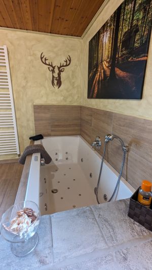 neu gestaltetes Badezimmer Badezimmer mit bodengleicher Dusche, Whirlpoolbadewanne, Waschbecken, WC