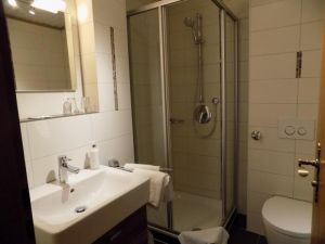 Badezimmer mit Dusche und WC, Handtücher, Badschränkchen, Haartrockner, Kosmetiktücher, Seife, Duschgel und Körperlotion