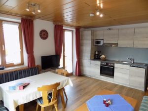 geräumige Wohnküche mit Küchenzeile (Cerankochfeld, Backofen, Kühlschrank mit Gefrierfach), Sofa, Sessel, Eckbank, Flachbildfernseher,